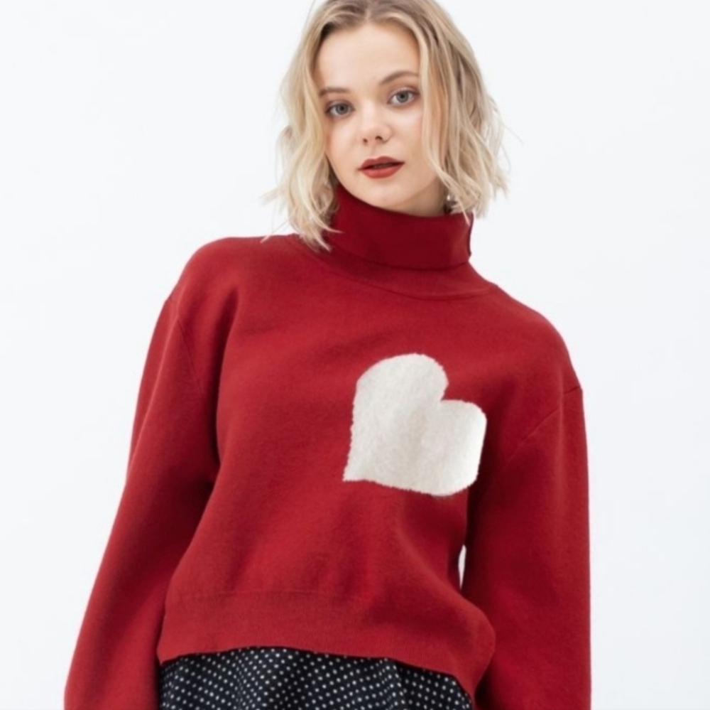 ChicWish Womens Sweater  Sm/Med Red Heart High Neck Red Valentines